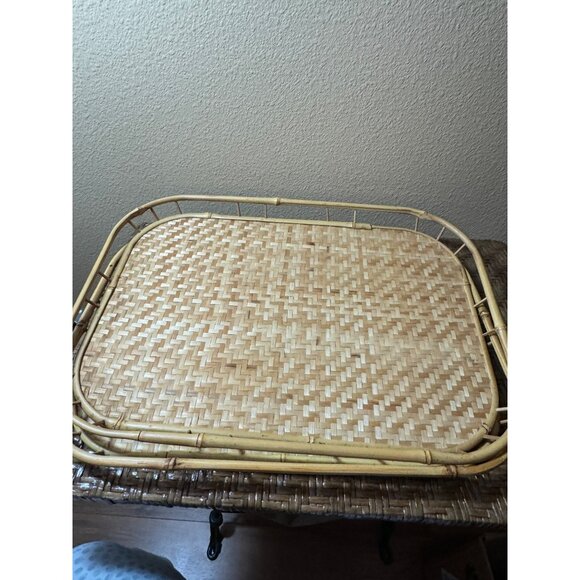 Vintage Wicker & Bamboo Serving Trays  Tiki Bar Set of 2 - Picture 4 of 8
